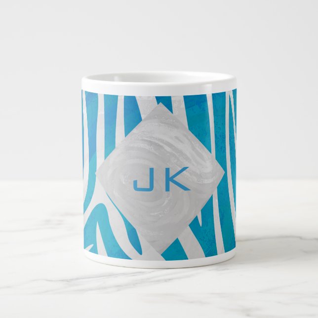 Zebra Blue and White with Monogram Large Coffee Mug (Front)