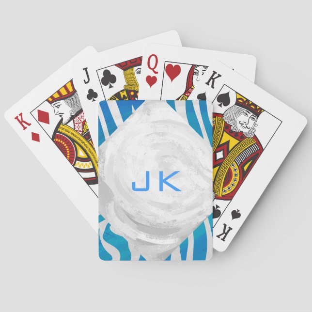 Zebra Blue and White with Monogram Playing Cards (Back)