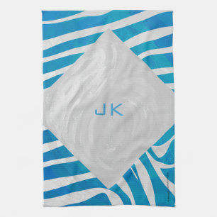 Zebra Blue and White with Monogram Tea Towel
