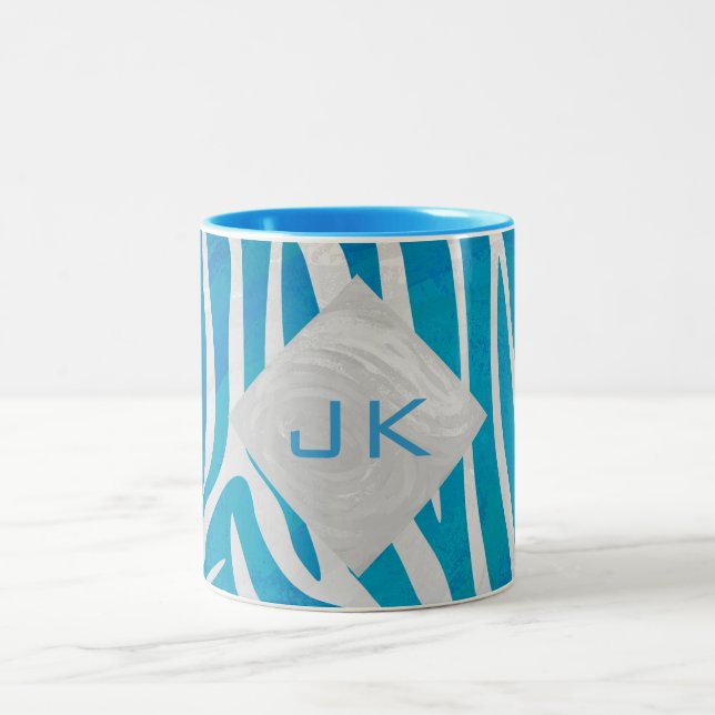 Zebra Blue and White with Monogram Two-Tone Coffee Mug (Center)