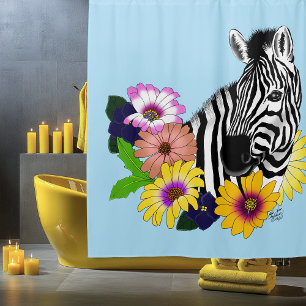 Zebra Blue Colourful Daisy Floral Wildlife Shower Curtain