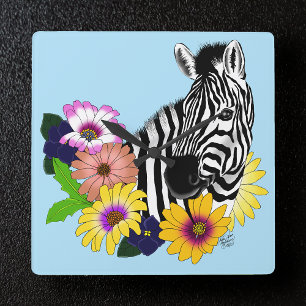 Zebra Blue Colourful Daisy Floral Wildlife Square Wall Clock