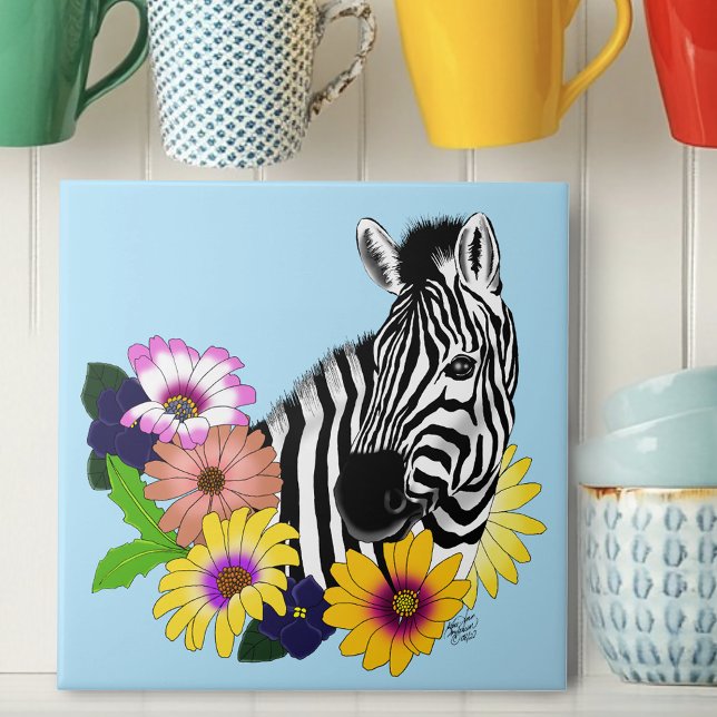 Zebra Blue Colourful Daisy Floral Wildlife Tile (Creator Uploaded)