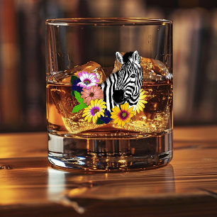 Zebra Blue Colourful Daisy Floral Wildlife Whiskey Glass