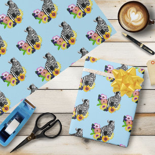 Zebra Blue Colourful Daisy Floral Wildlife Wrapping Paper