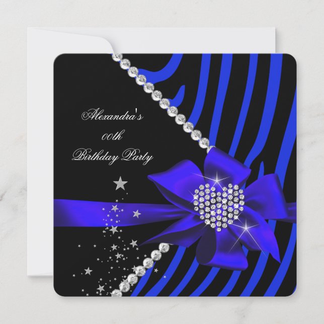 Zebra Blue Heart Jewel Gems Black Birthday Party Invitation (Front)