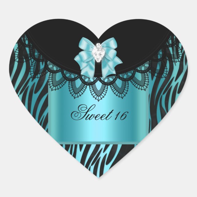 Zebra Blue Teal Sweet Sixteen Sweet 16 Black Lace Heart Sticker (Front)