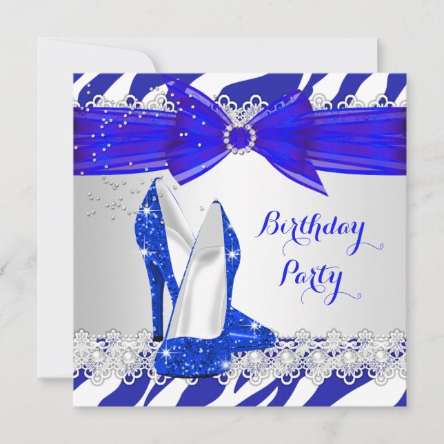 Zebra Blue White Blue Heel Lace Pearl Birthday Invitation (Front)