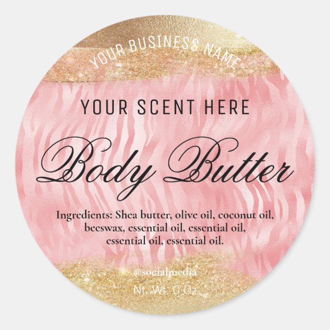 Zebra Body Butter Labels In Pink And Gold (Front)