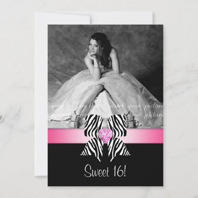 Zebra Bow Sweet 16 Party Invite Photo Card (Front)