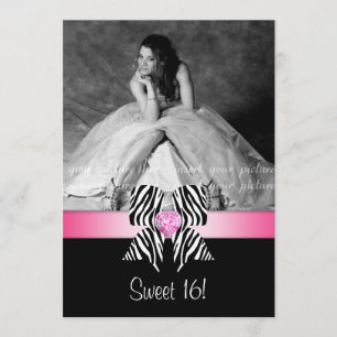 Zebra Bow Sweet 16 Party Invite Photo Card