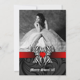 Zebra Bow Sweet 16 Party Invite Photo Card Red
