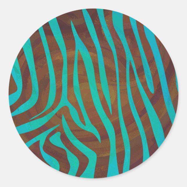 Zebra Brown and Teal Print Classic Round Sticker (Front)