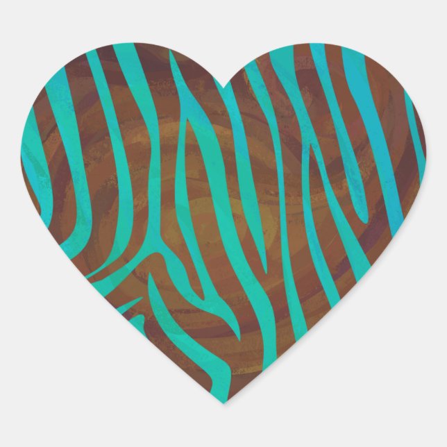 Zebra Brown and Teal Print Heart Sticker (Front)