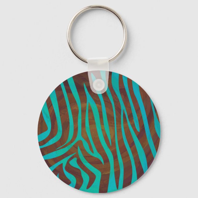 Zebra Brown and Teal Print Key Ring (Front)