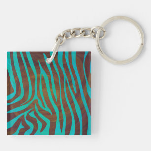 Zebra Brown and Teal Print Key Ring