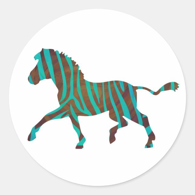 Zebra Brown and Teal Print Silhouette Classic Round Sticker (Front)