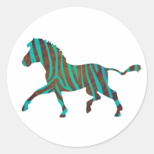 Zebra Brown and Teal Print Silhouette Classic Round Sticker
