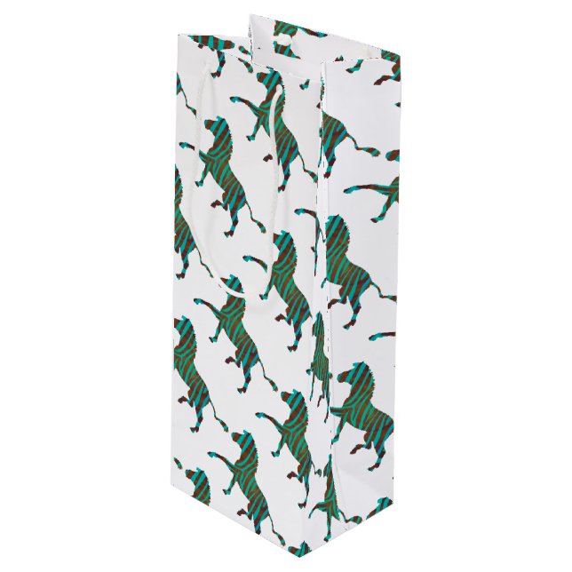 Zebra Brown and Teal Print Silhouette Wine Gift Bag (Front Angled)