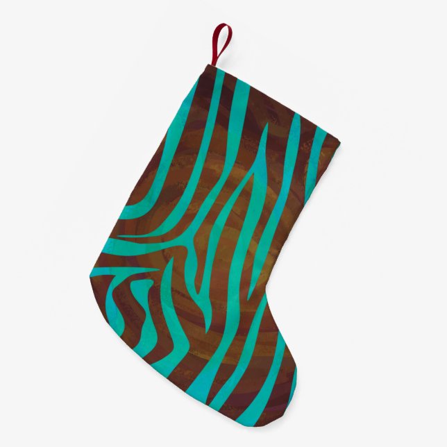 Zebra Brown and Teal Print Small Christmas Stocking (Front (Hanging))