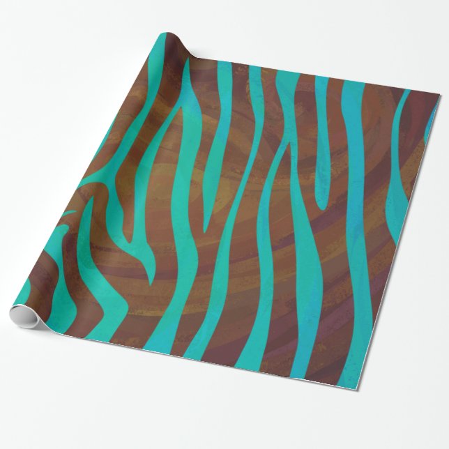 Zebra Brown and Teal Print Wrapping Paper (Unrolled)
