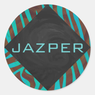 Zebra Brown and Teal with Monogram Classic Round Sticker