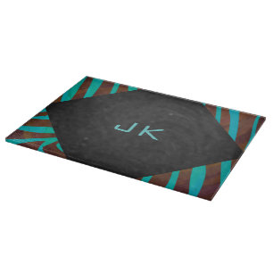 Zebra Brown and Teal with Monogram Cutting Board