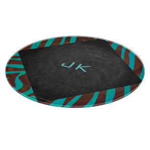 Zebra Brown and Teal with Monogram Cutting Board