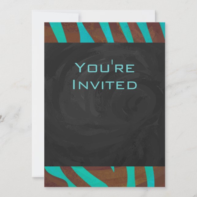 Zebra Brown and Teal with Monogram Invitation (Front)