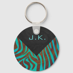 Zebra Brown and Teal with Monogram Key Ring