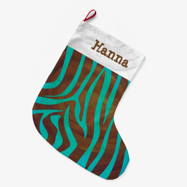 Zebra Brown and Teal with Monogram Large Christmas Stocking (Front (Hanging))