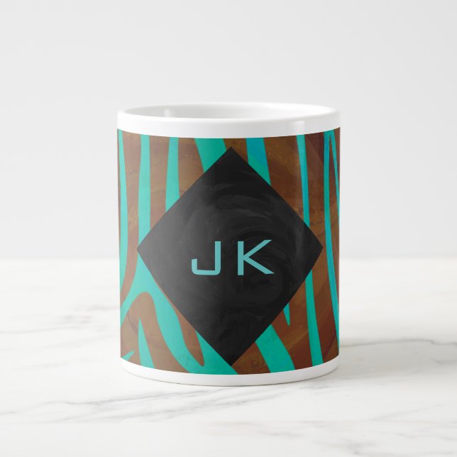 Zebra Brown and Teal with Monogram Large Coffee Mug (Front)