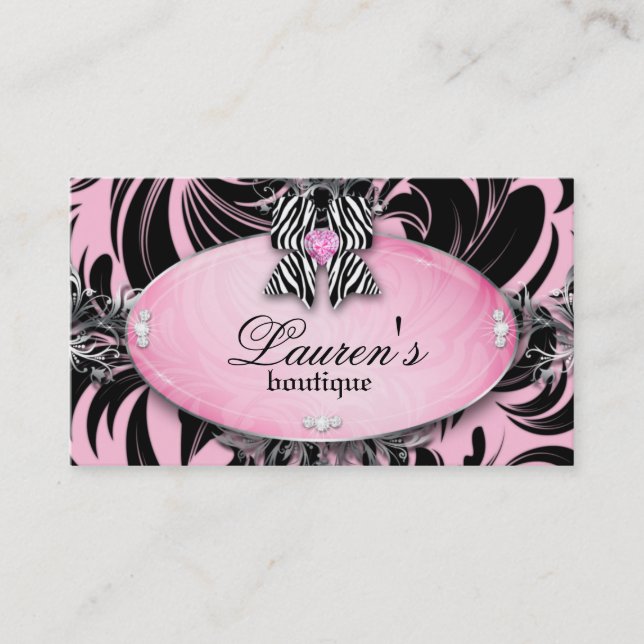 Zebra Business Card Jewellery Bow Pink Silver Swir (Front)