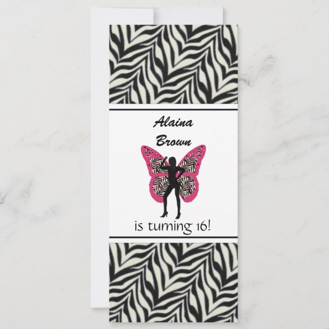 Zebra  Butterfly Girl Birthday Party Invitation (Front)