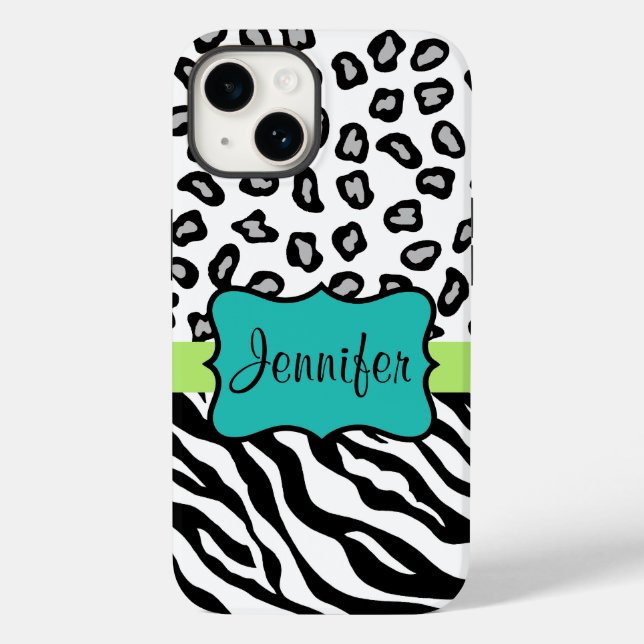 Zebra Cheetah Leopard Skin Black White Teal Name Case-Mate iPhone Case (Back)