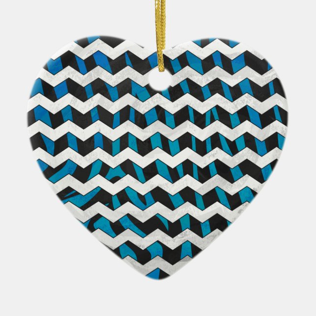 Zebra Chevron Black and Blue Ceramic Tree Decoration (Front)