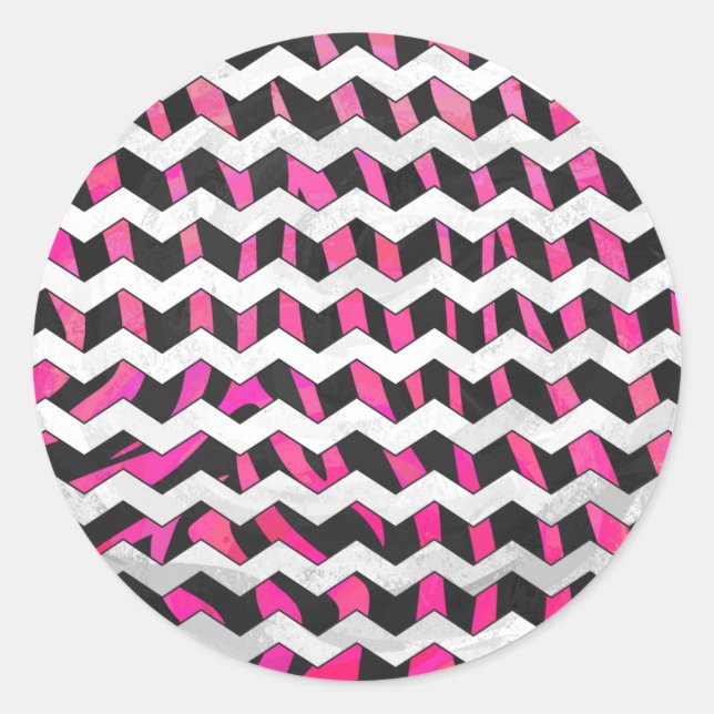 Zebra Chevron Black and Hot Pink Classic Round Sticker (Front)
