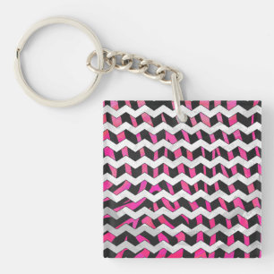 Zebra Chevron Black and Hot Pink Key Ring