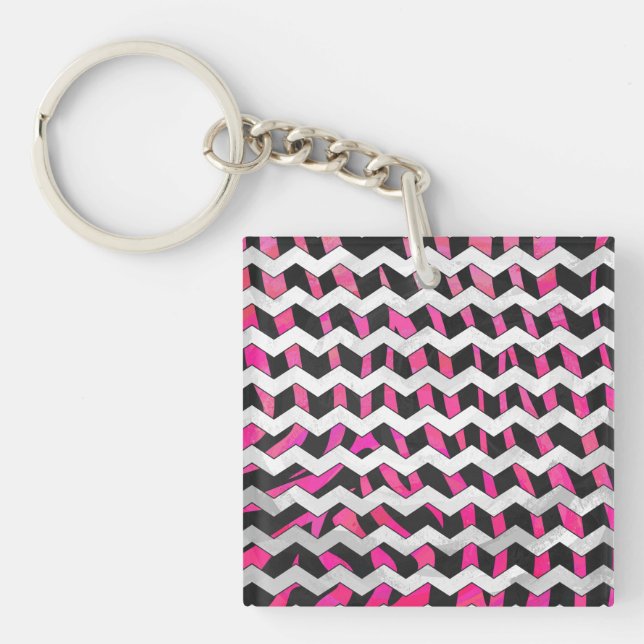 Zebra Chevron Black and Hot Pink Key Ring (Front)