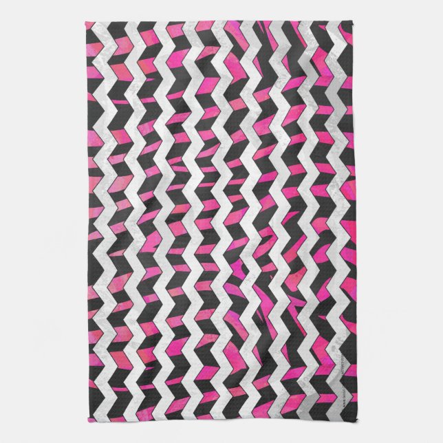 Zebra Chevron Black and Hot Pink Tea Towel (Vertical)