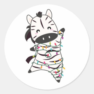 Zebra Christmas Fairy Lights Cute Animals For Kids Classic Round Sticker