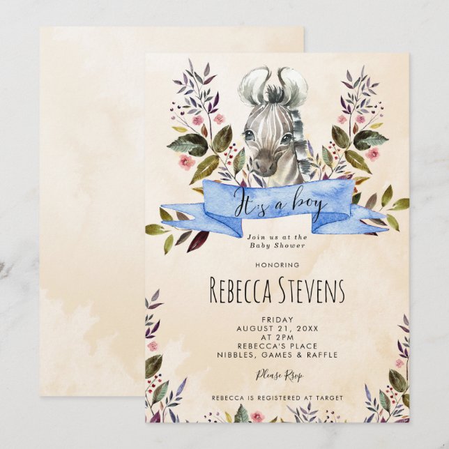 zebra cub floral boy baby shower invitation (Front/Back)