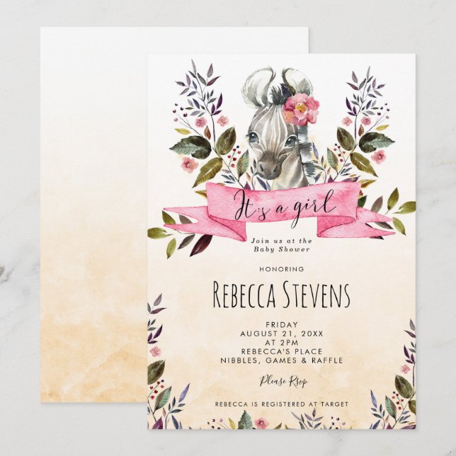 zebra cub floral girl baby shower invitation (Front/Back)