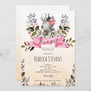 zebra cub floral girl baby shower invitation