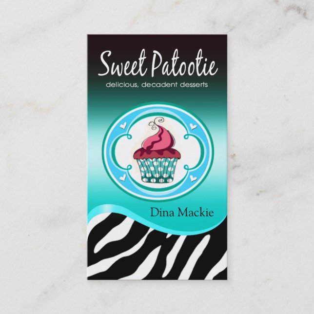 Zebra Cupcake Logo "Sweet Patootie" aqua Business Card (Front)