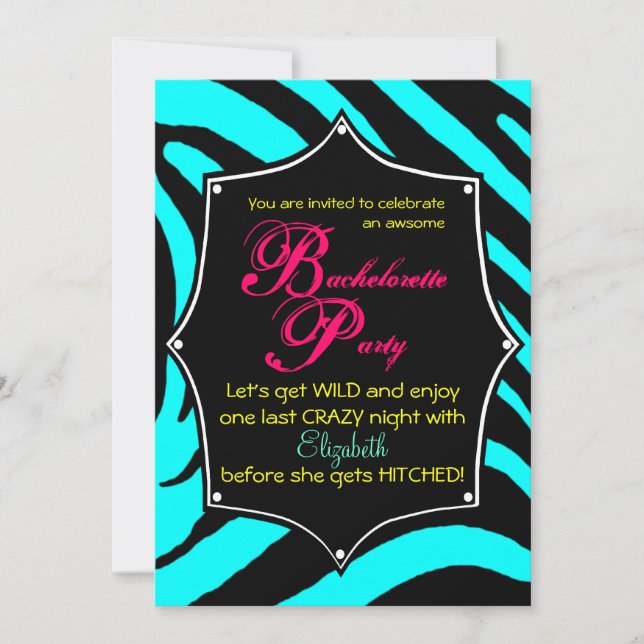 Zebra Customize Bachelorette Party Blue Invitation (Front)