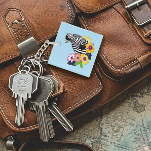 Zebra Daisies Blue Key Ring