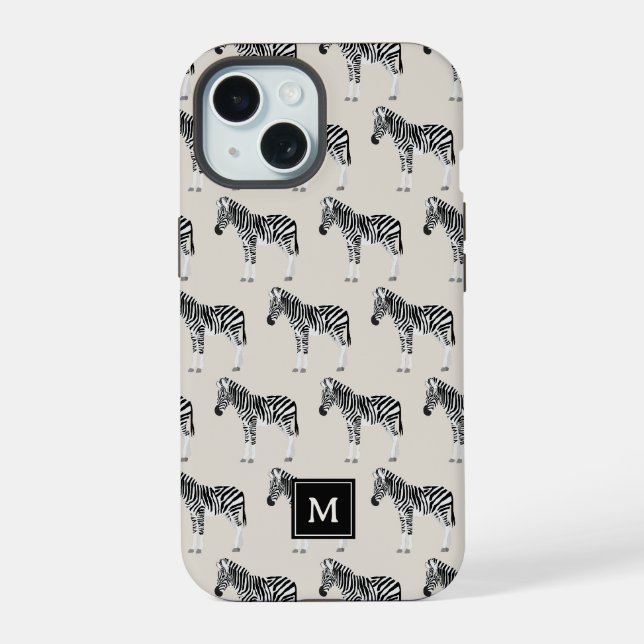Zebra Exotic Animal Pattern Beige Monogram iPhone 15 Case (Back)