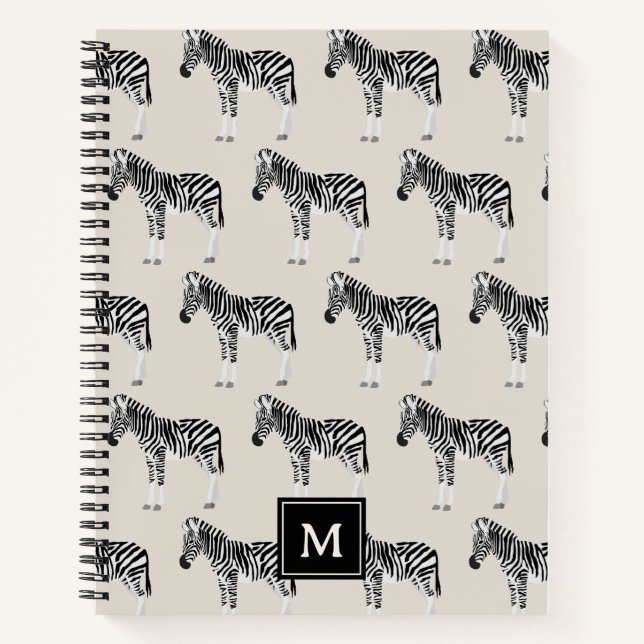 Zebra Exotic Animal Pattern Beige Monogram Notebook (Front)
