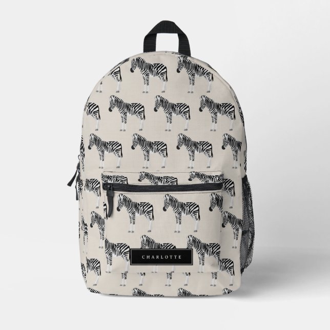 Zebra Exotic Animal Pattern Beige Printed Backpack (Front)